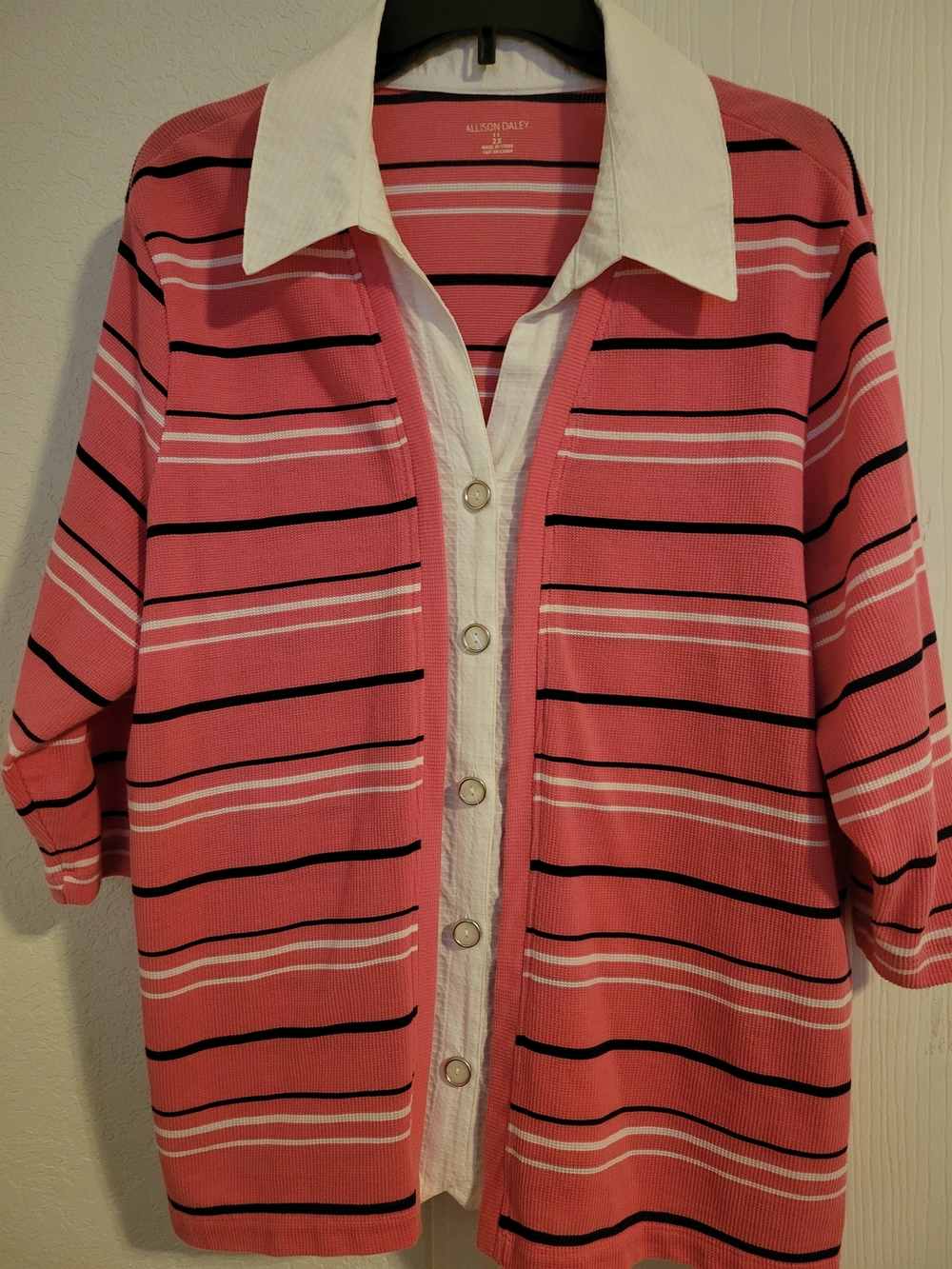 Allison Daley Coral Pink Striped Button-Front Cardigan with White Collar